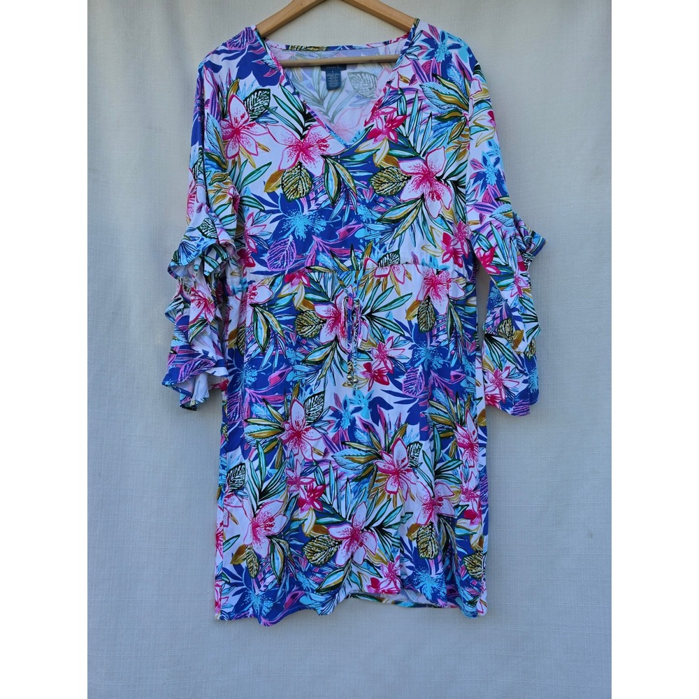Caribbean Joe Dress Womens L Blue Tropical Rayon Ruffle Sleeve Drawstring Resort